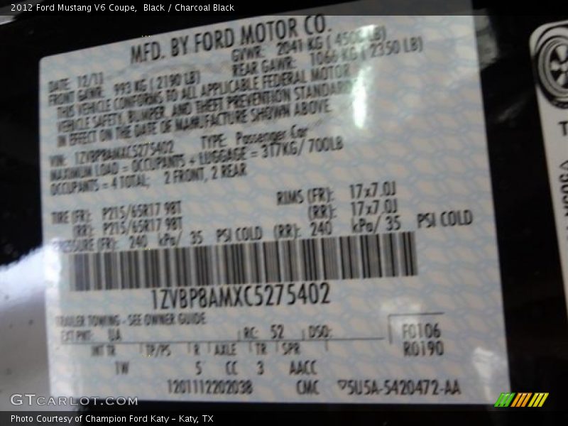 Black / Charcoal Black 2012 Ford Mustang V6 Coupe