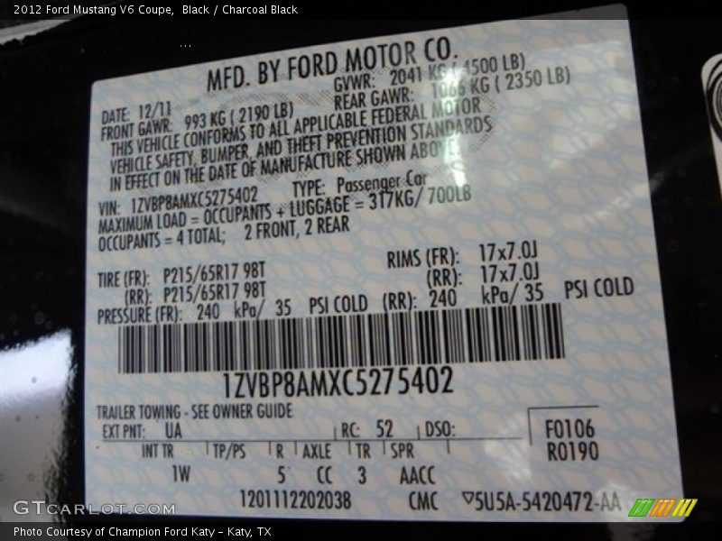 Black / Charcoal Black 2012 Ford Mustang V6 Coupe