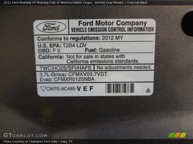 Sterling Gray Metallic / Charcoal Black 2012 Ford Mustang V6 Mustang Club of America Edition Coupe