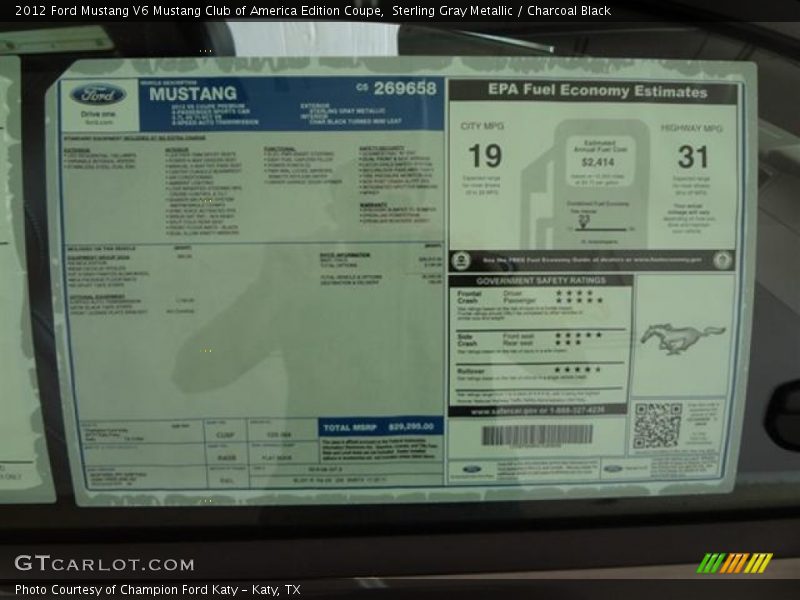  2012 Mustang V6 Mustang Club of America Edition Coupe Window Sticker