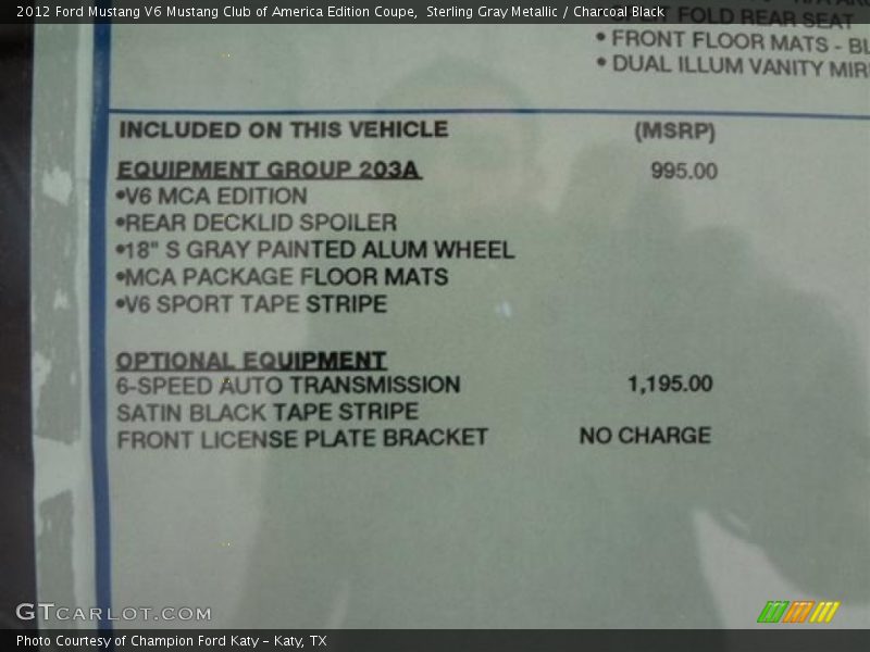 2012 Mustang V6 Mustang Club of America Edition Coupe Window Sticker