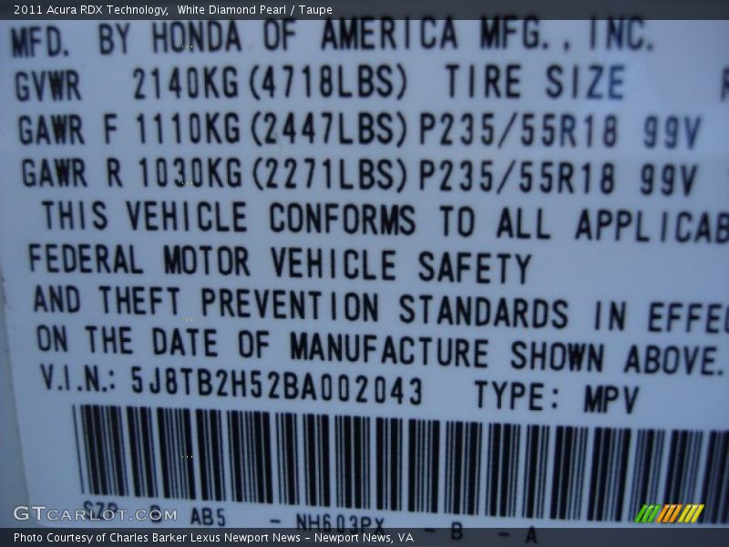 2011 RDX Technology White Diamond Pearl Color Code NH603PX
