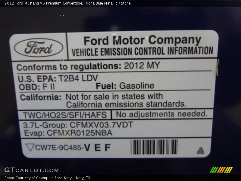 Kona Blue Metallic / Stone 2012 Ford Mustang V6 Premium Convertible