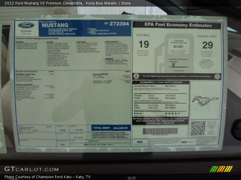  2012 Mustang V6 Premium Convertible Window Sticker