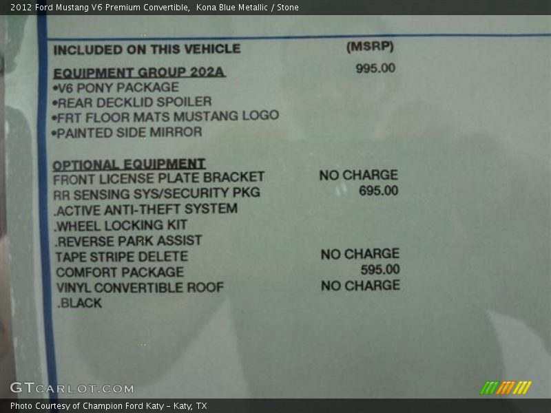  2012 Mustang V6 Premium Convertible Window Sticker