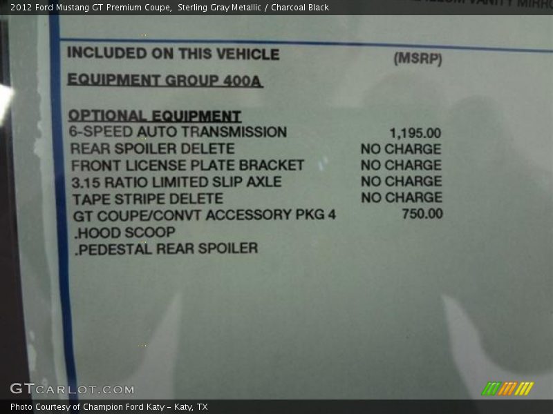  2012 Mustang GT Premium Coupe Window Sticker