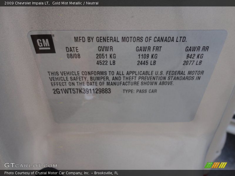 Gold Mist Metallic / Neutral 2009 Chevrolet Impala LT