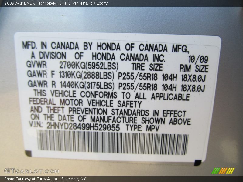 Billet Silver Metallic / Ebony 2009 Acura MDX Technology
