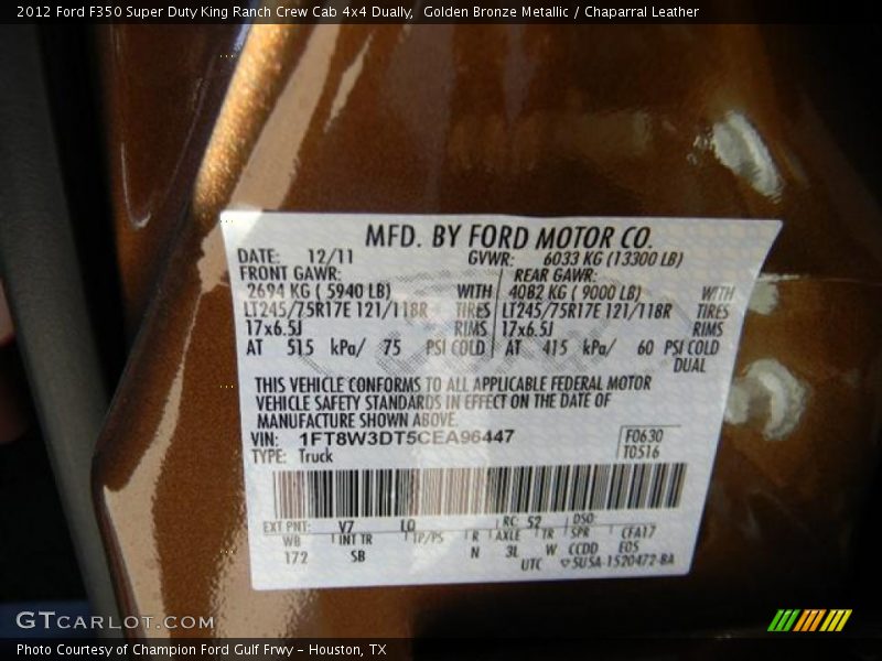 2012 F350 Super Duty King Ranch Crew Cab 4x4 Dually Golden Bronze Metallic Color Code V7