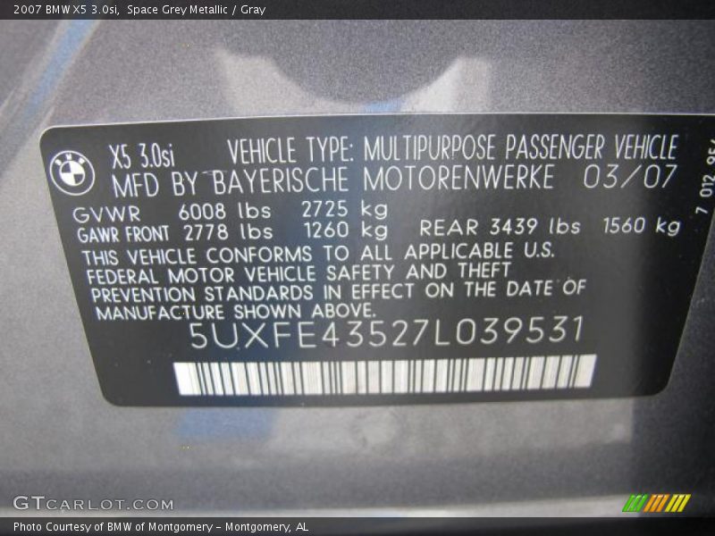 Space Grey Metallic / Gray 2007 BMW X5 3.0si