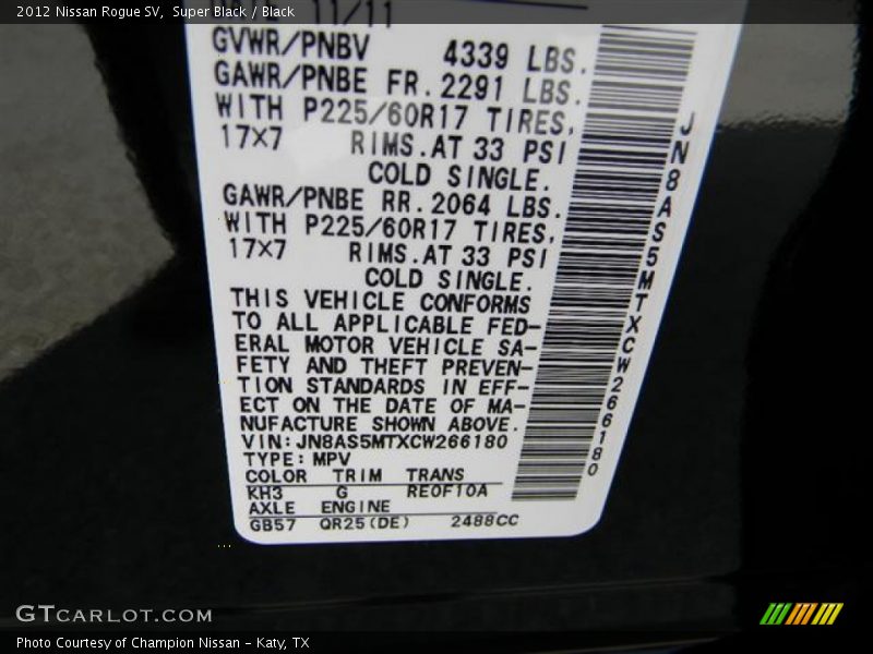 Super Black / Black 2012 Nissan Rogue SV