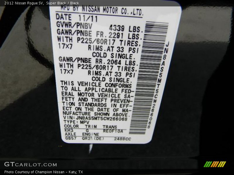 Super Black / Black 2012 Nissan Rogue SV