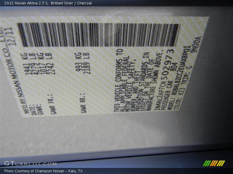 Brilliant Silver / Charcoal 2012 Nissan Altima 2.5 S