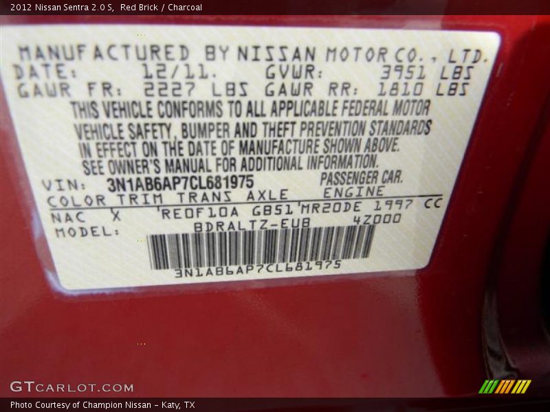 Red Brick / Charcoal 2012 Nissan Sentra 2.0 S