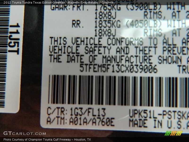 Magnetic Gray Metallic / Graphite 2012 Toyota Tundra Texas Edition CrewMax