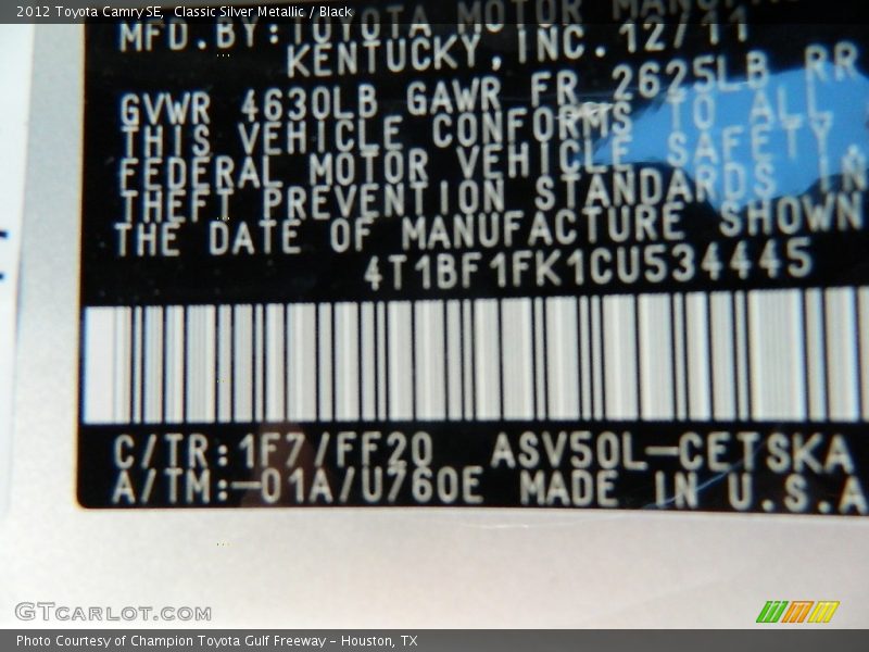 Classic Silver Metallic / Black 2012 Toyota Camry SE