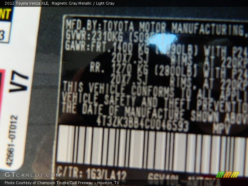 Magnetic Gray Metallic / Light Gray 2012 Toyota Venza XLE
