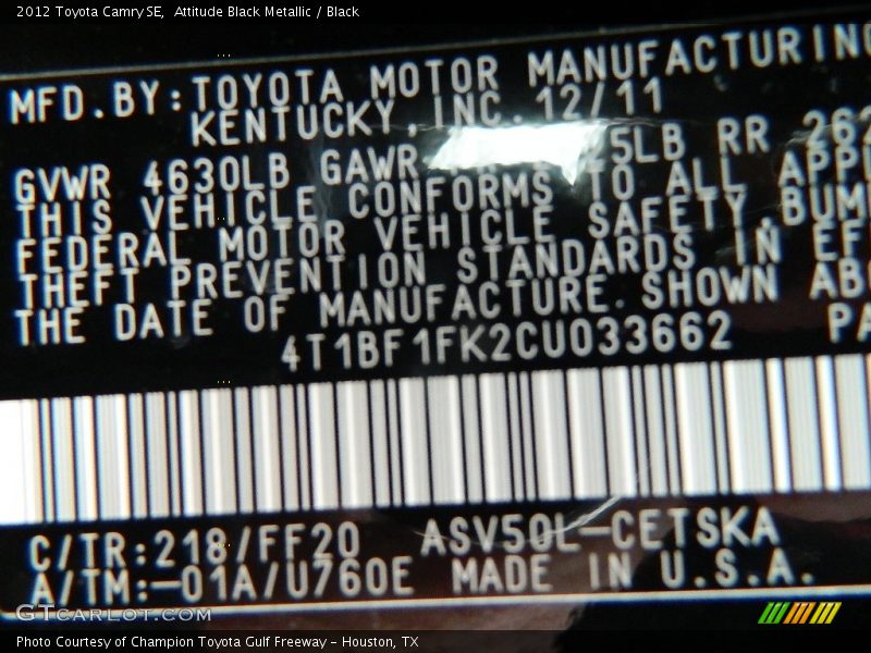 Attitude Black Metallic / Black 2012 Toyota Camry SE