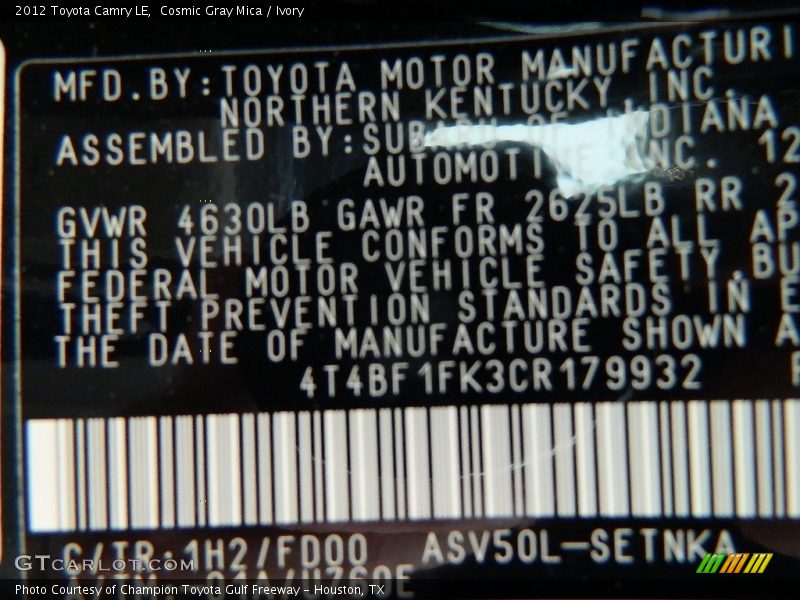 Cosmic Gray Mica / Ivory 2012 Toyota Camry LE
