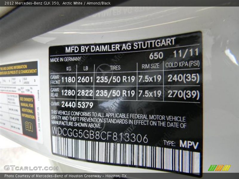 Arctic White / Almond/Black 2012 Mercedes-Benz GLK 350