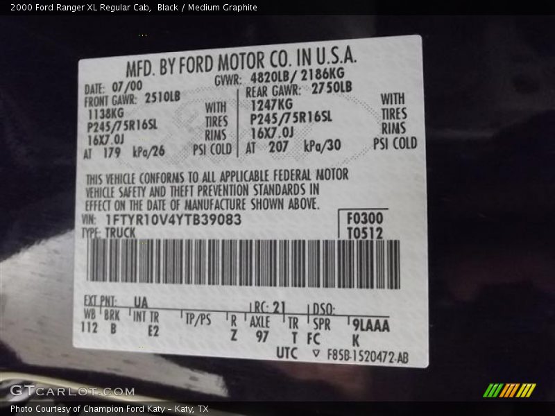 2000 Ranger XL Regular Cab Black Color Code UA