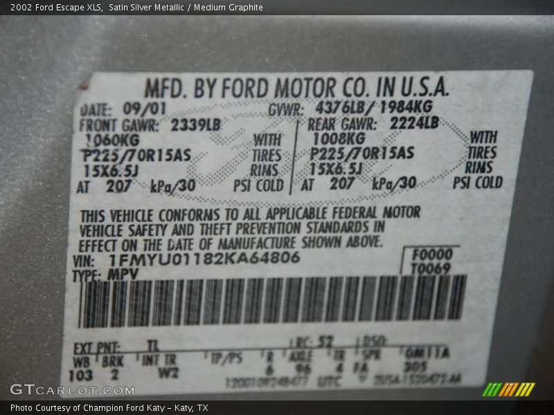 2002 Escape XLS Satin Silver Metallic Color Code TL