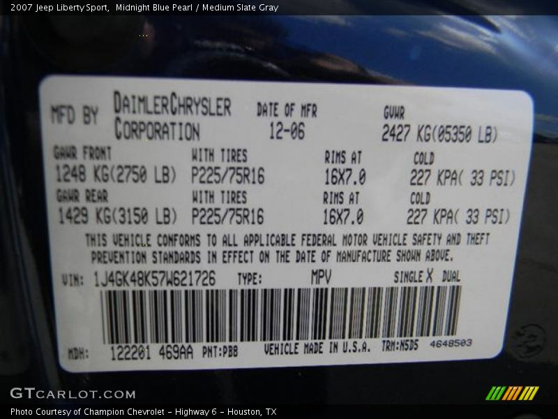 Midnight Blue Pearl / Medium Slate Gray 2007 Jeep Liberty Sport