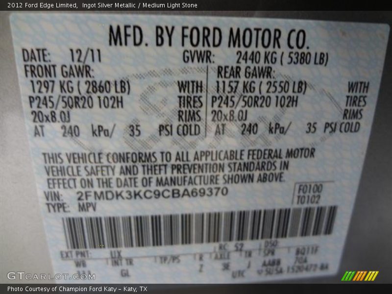 Ingot Silver Metallic / Medium Light Stone 2012 Ford Edge Limited