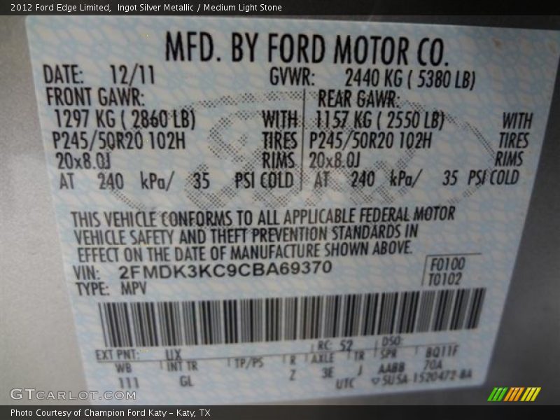Ingot Silver Metallic / Medium Light Stone 2012 Ford Edge Limited