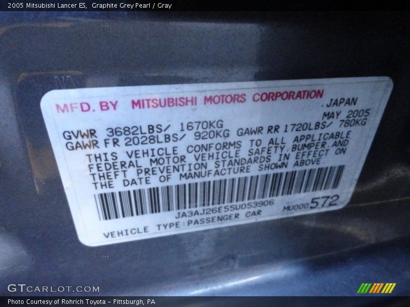 Graphite Grey Pearl / Gray 2005 Mitsubishi Lancer ES