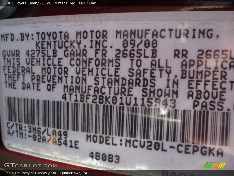 Vintage Red Pearl / Oak 2001 Toyota Camry XLE V6