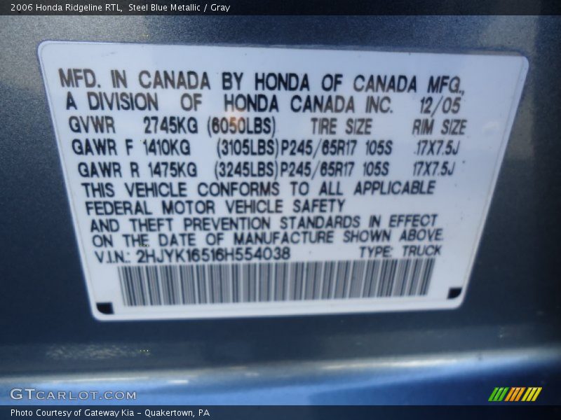 Steel Blue Metallic / Gray 2006 Honda Ridgeline RTL