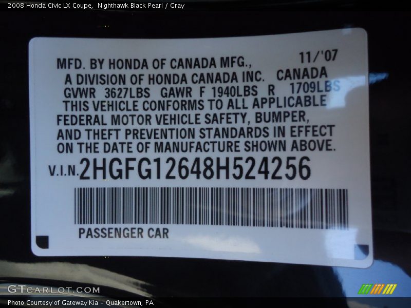 Nighthawk Black Pearl / Gray 2008 Honda Civic LX Coupe