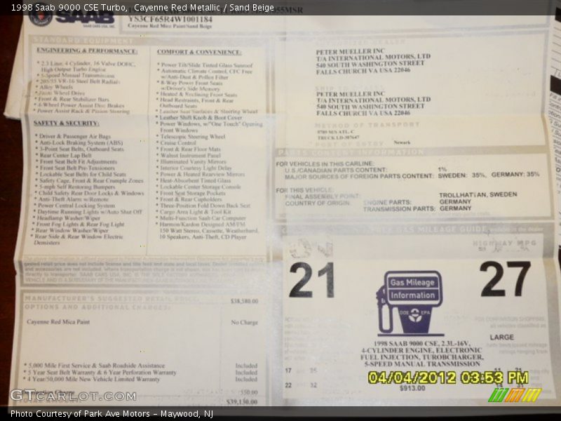  1998 9000 CSE Turbo Window Sticker