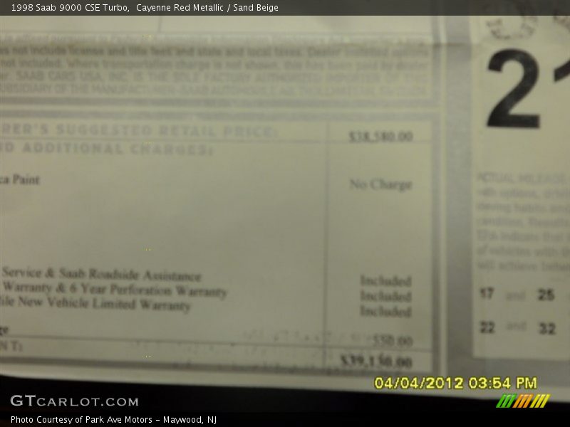  1998 9000 CSE Turbo Window Sticker