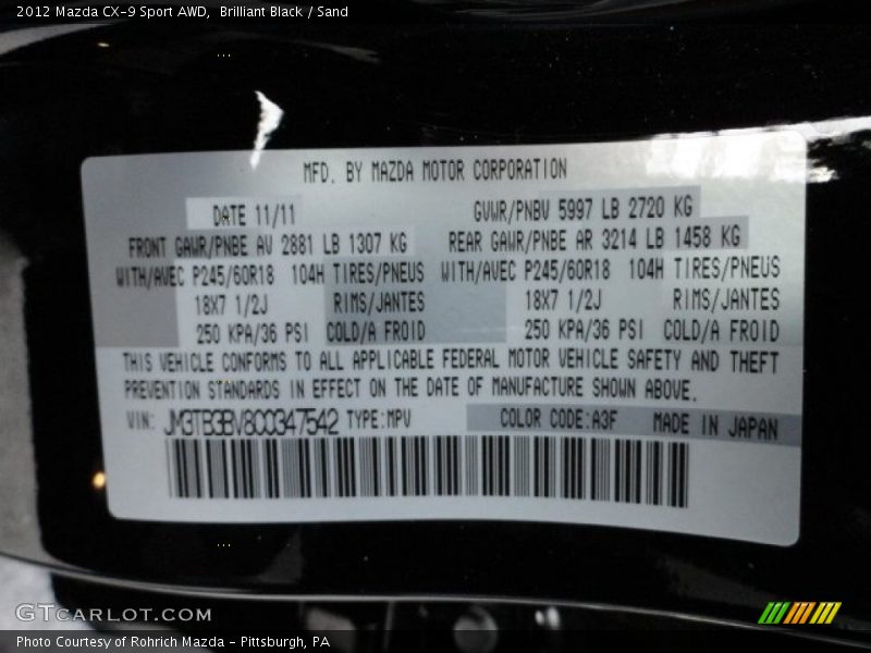 Brilliant Black / Sand 2012 Mazda CX-9 Sport AWD