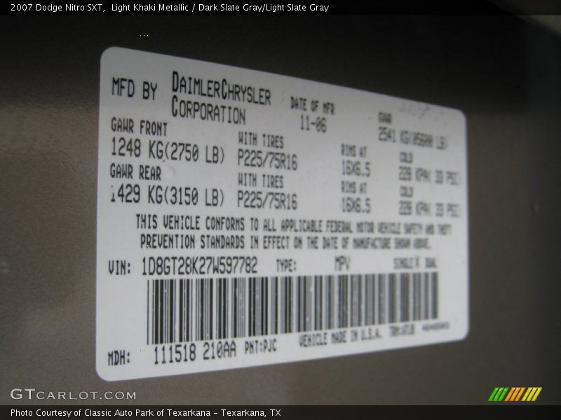 Light Khaki Metallic / Dark Slate Gray/Light Slate Gray 2007 Dodge Nitro SXT
