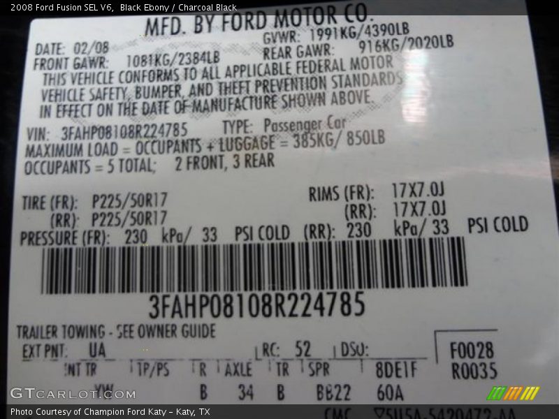 Black Ebony / Charcoal Black 2008 Ford Fusion SEL V6