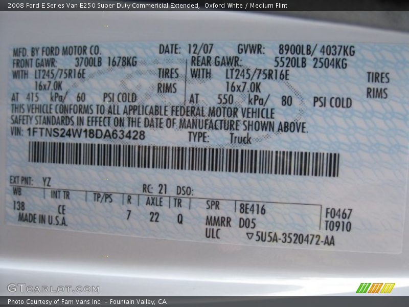 Oxford White / Medium Flint 2008 Ford E Series Van E250 Super Duty Commericial Extended