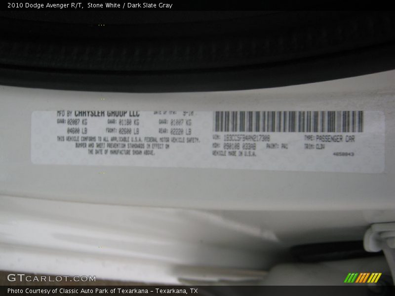 Stone White / Dark Slate Gray 2010 Dodge Avenger R/T