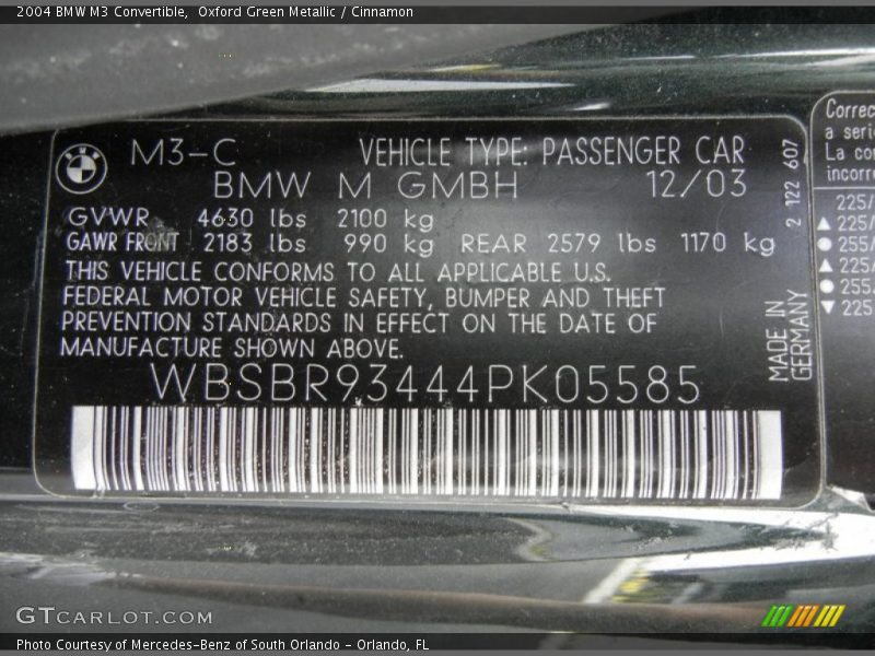 Info Tag of 2004 M3 Convertible