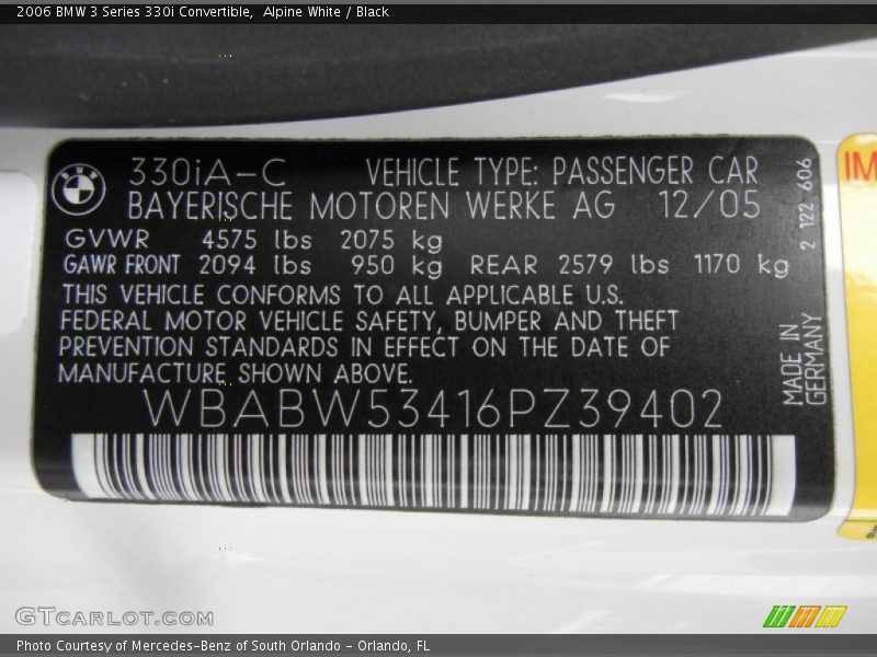 Alpine White / Black 2006 BMW 3 Series 330i Convertible