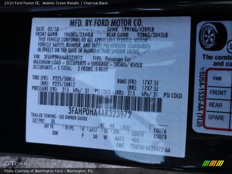 2010 Fusion SE Atlantis Green Metallic Color Code UL