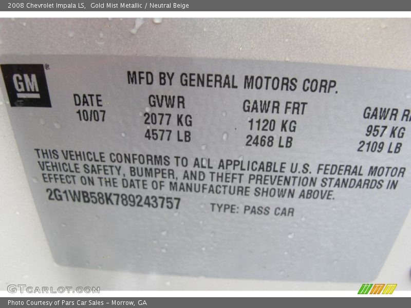 Gold Mist Metallic / Neutral Beige 2008 Chevrolet Impala LS