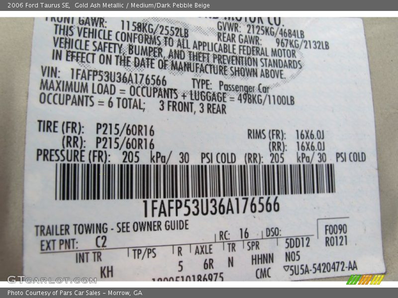 2006 Taurus SE Gold Ash Metallic Color Code C2