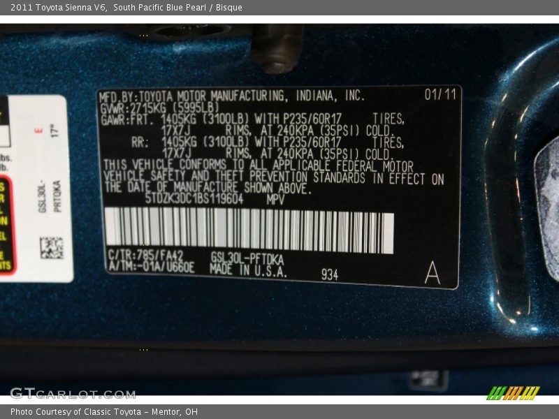 2011 Sienna V6 South Pacific Blue Pearl Color Code 785