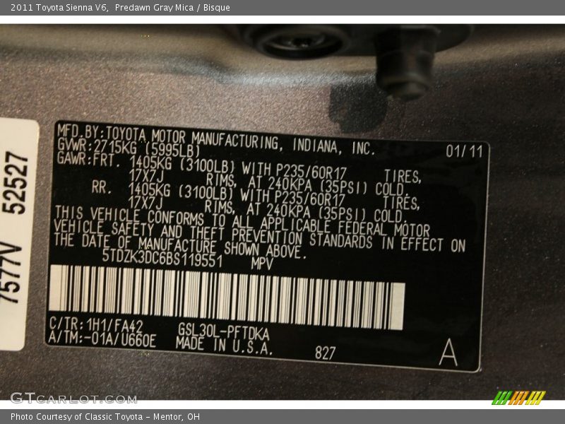 Predawn Gray Mica / Bisque 2011 Toyota Sienna V6