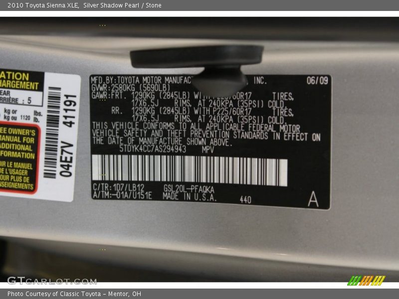 Silver Shadow Pearl / Stone 2010 Toyota Sienna XLE