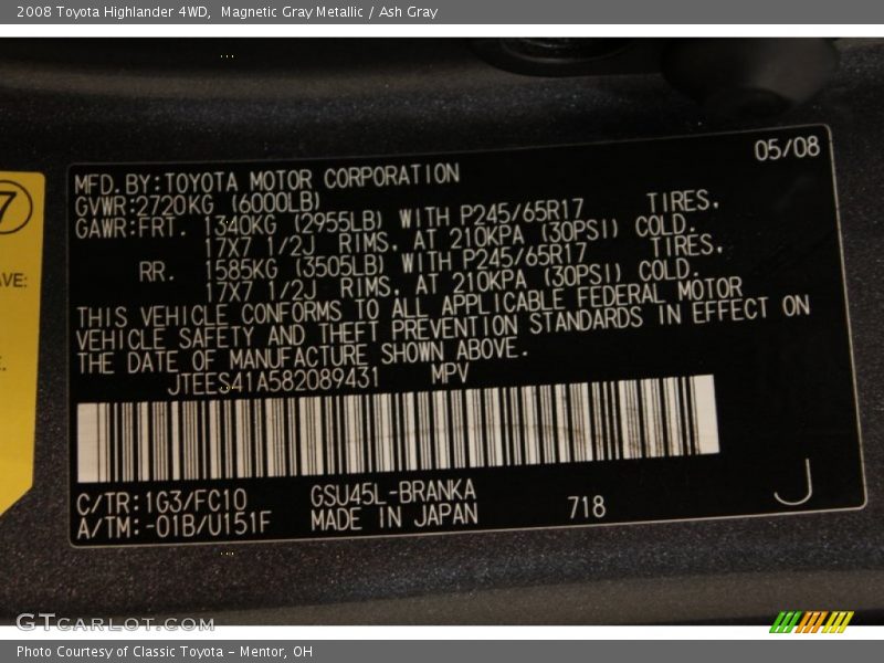 Magnetic Gray Metallic / Ash Gray 2008 Toyota Highlander 4WD