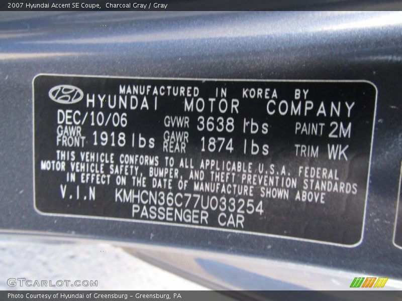 Charcoal Gray / Gray 2007 Hyundai Accent SE Coupe